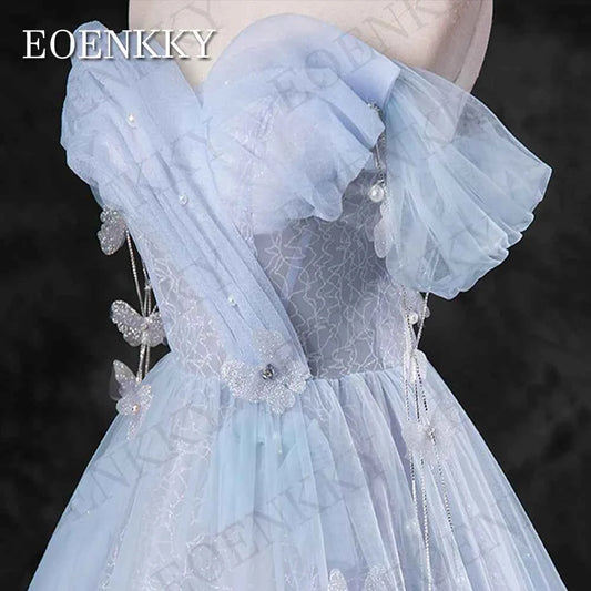 EOENKKY Blue Off Shoulder Princess Prom Dresses Celebrity A Line Pearls 3D Flowers Evening Gown платье на выпускной Customized