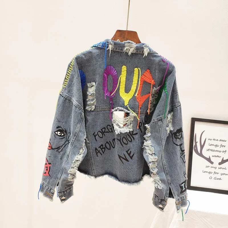 2025 Spring Autumn Women Street Fashion Graffiti Denim Jacket Female Short Frayed Raw Cut Rivet Jacket Fringe Jean Coat Outwear SS69