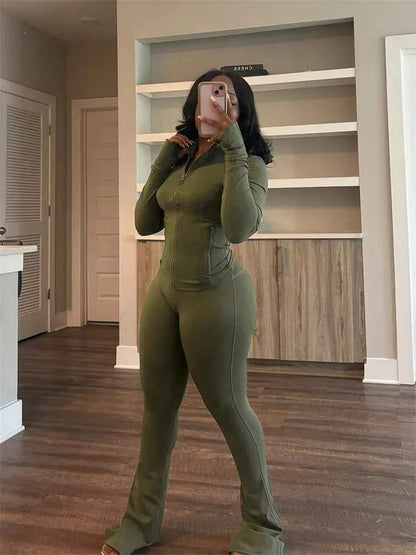 Elegant Sports Women Clothing Sales Long Sleeve Tops Flare Pants 2 Two Pieces Sets Tracksuit Streetwear Jogging Leggings Outfits