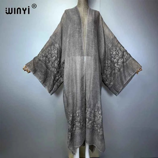 WINYI kimono Hand-dyed embroidered cardigan beachwear evening dress abaya dubai luxury cover-ups beach outfits women maxi coat
