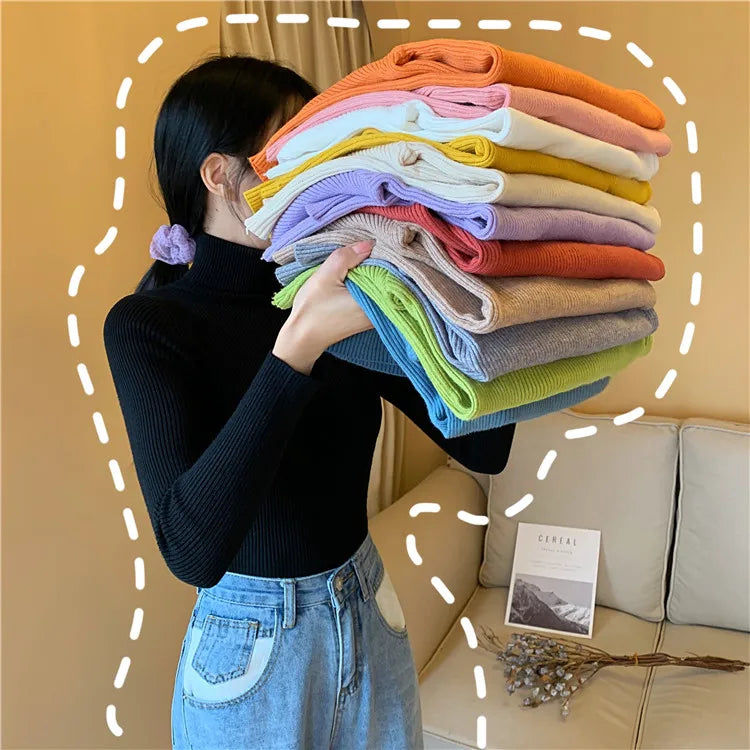 2025 Autumn Winter Women Long Sleeve Knitted Foldover Turtleneck Ribbed Pull Sweater Soft Warm Femme Jumper Pullover Clothes SS69