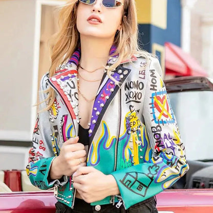 Womens Rivet Beading Pu Jacket Hit Color Streetstyle Graffiti Outerwear Letters Printed Leather Jackets Short Punk Street Coat SS69