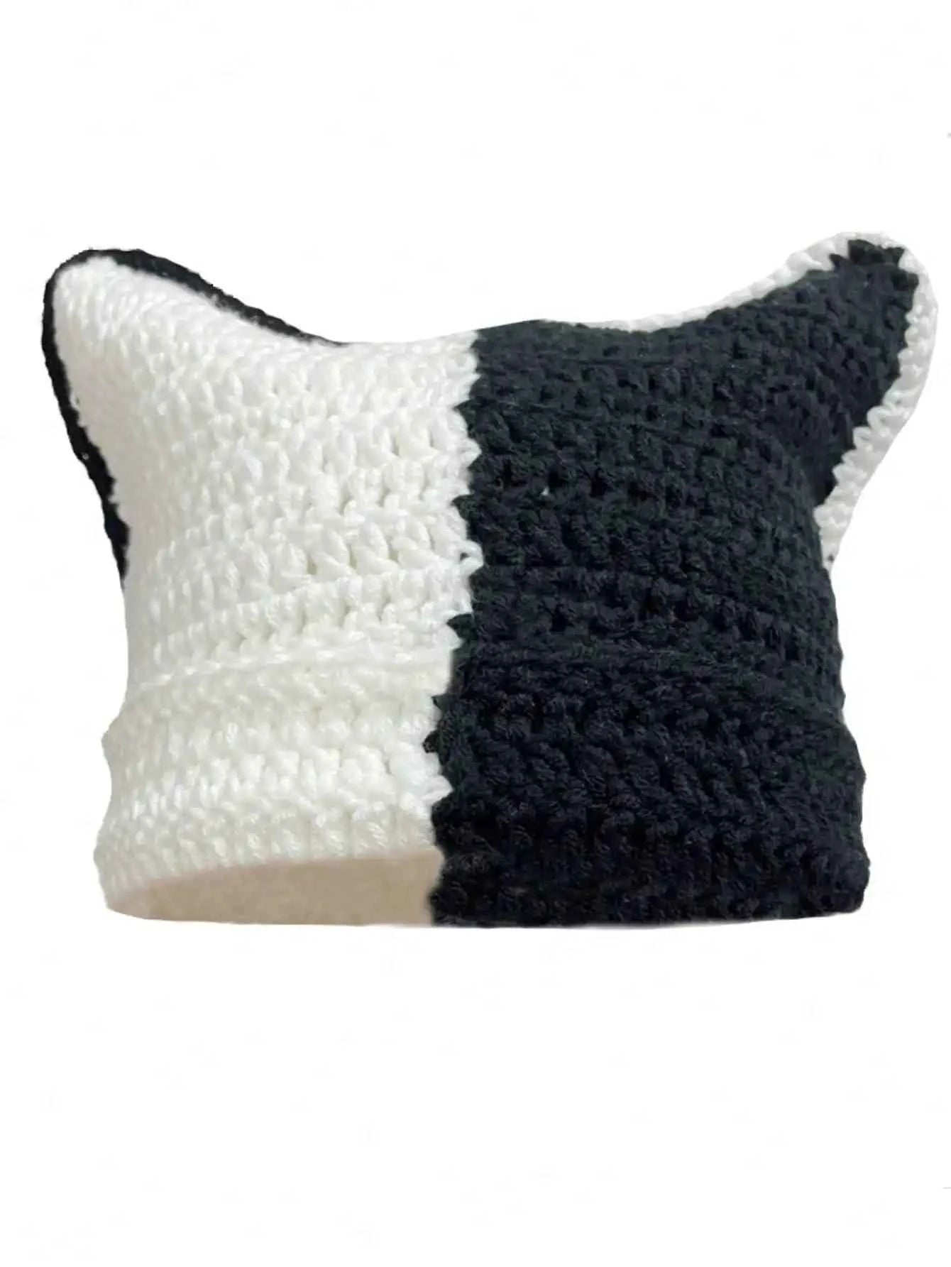 2025 New Hand-Knitted Bow Cat Ear Hooded Cap For Winter Men And Women, Striped Hollowed-Out Knitted Cap, K2y Street Style