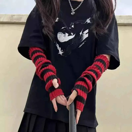 Gothic Striped Knitted Fingerless Arm Sleeves Black White Striped Winter Long Arm Warmers Girls Harajuku Y2K Wrist Gloves