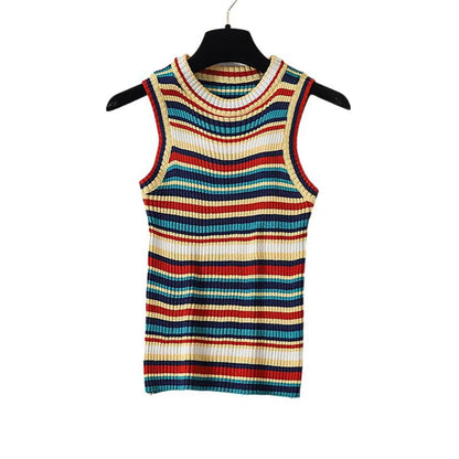 YuooMuoo Chic Fashion Knitted Tops Women 2025 Summer Y2K Rainbow Striped Slim Elastic Sleeveless Tank Tops Steetwear Lady Shirts SS69