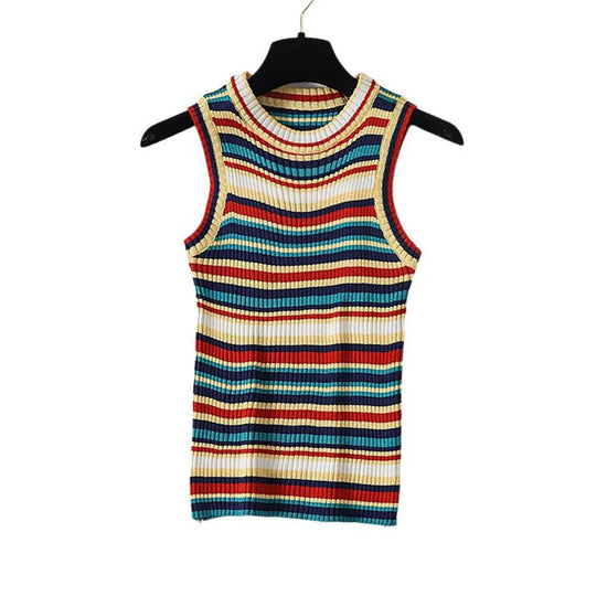 YuooMuoo Chic Fashion Knitted Tops Women 2025 Summer Y2K Rainbow Striped Slim Elastic Sleeveless Tank Tops Steetwear Lady Shirts SS69