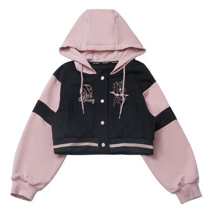 Sweet Cool Embroidery Pink Black Hoodies Baseball Slim Zipper Women Sweatshirt Jacket Loose Casual Trousers Sweet Mini Skirt Set SS69 69.69 Short jacket / L