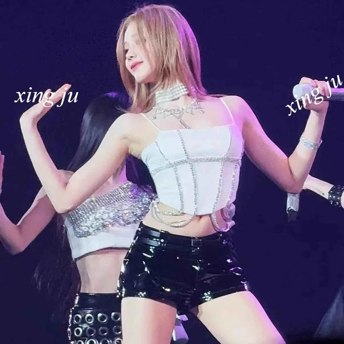 Kpop Singer Sexy White Sling Tops Tight Leather Shorts Korean Group Concert Stage Performance Outfits Women Jazz Dance Costume