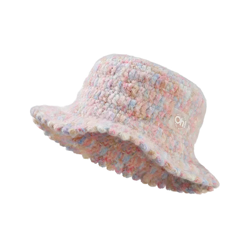 OhSunny Autumn Winter Wavy Brim Bucket Hats,Rainbow Cute Thermal Caps Women's Outdoor Warm Hand-knitted Fisherman Caps Packable