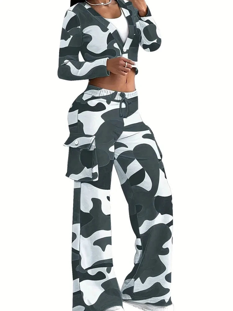 Camo Print Cargo Pants Sets Sexy Crop Tops & Elastic High Waist Wide Leg Trousers Women's Two Pieces Set Casual SweatOutfits SS69 25.69 Grey / S
