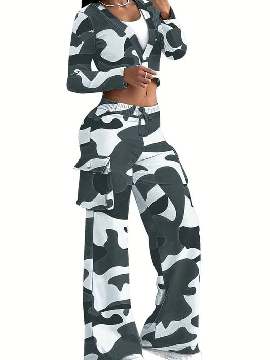 Camo Print Cargo Pants Sets Sexy Crop Tops & Elastic High Waist Wide Leg Trousers Women's Two Pieces Set Casual SweatOutfits SS69 25.69 Grey / S
