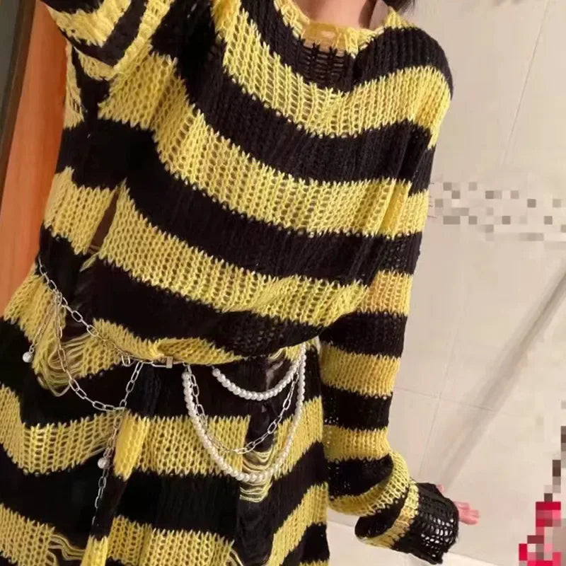 New Women's Punk Gothic Oversized Pullover Sweater Striped Hollow out Cool Harajuku Aesthetics Spring Autumn
