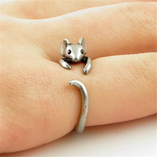 Huitan Cute Mouse Shape Open Ring for Women Antique Silver Color Modern Fashion Girls Finger Accessories Hip Hop Party Jewelry SS69