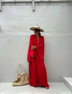 Solid Beach Cover Up Women Self Belted Wrap Kimono Dress Swimsuit 2025 New Robe Summer Beachwear Factory Supply