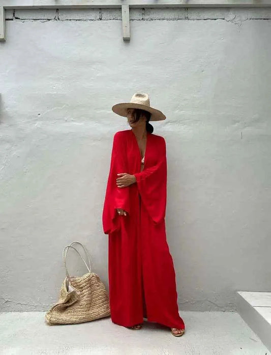 Solid Beach Cover Up Women Self Belted Wrap Kimono Dress Swimsuit 2025 New Robe Summer Beachwear Factory Supply