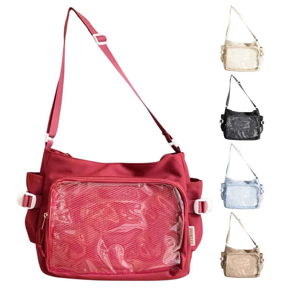 Women Ita Bag Japanese Style Shoulder Purse with Clear Window Cartoon Book Bag Multi-pockets Adjustable Strap Trendy Outdoor Bag