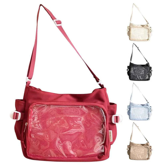 Women Ita Bag Japanese Style Shoulder Purse with Clear Window Cartoon Book Bag Multi-pockets Adjustable Strap Trendy Outdoor Bag