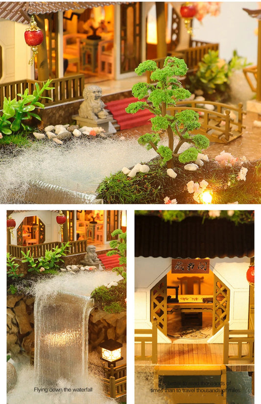DIY Wooden Chinese Ancient Casa Miniature Building Kits Bookend With Lights Assembled Bookshelf Home Decoration Friends Gifts SS69