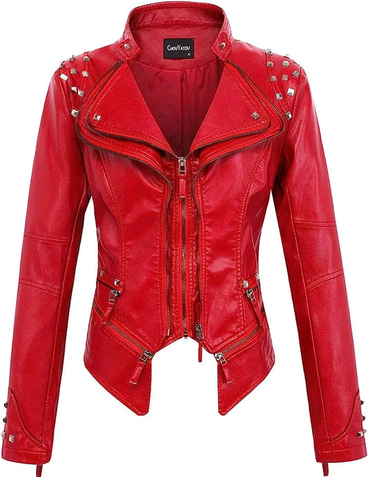 2025 Spring New Style Suit Collar Rivet Waist Short Washed Pu Leather Jacket