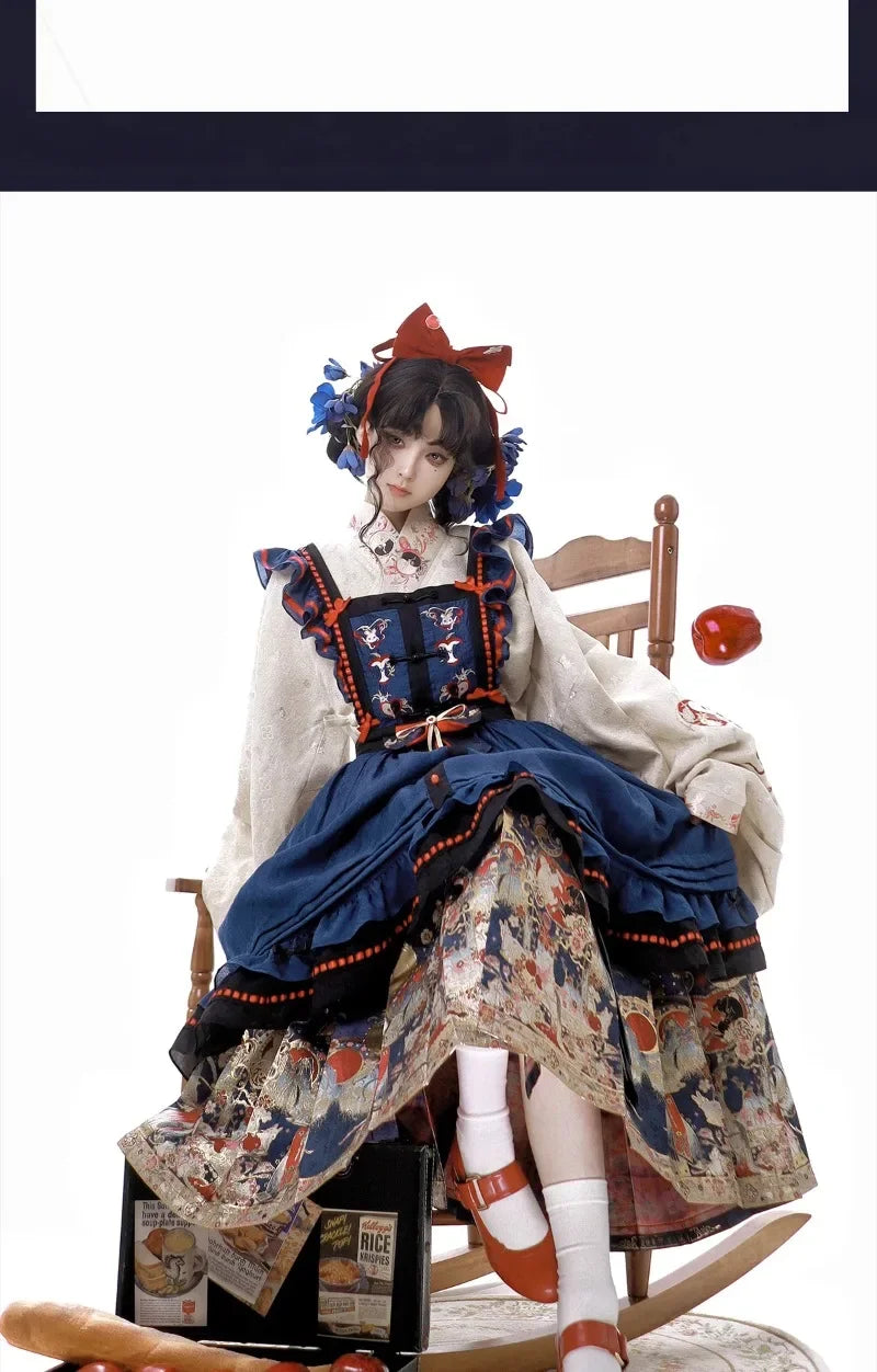 New Spring Chinese Style Female Long-sleeved Weaving Gold Hanfu Dress Set Suit Retro Top Suspender Dress and Pleated Skirt Set