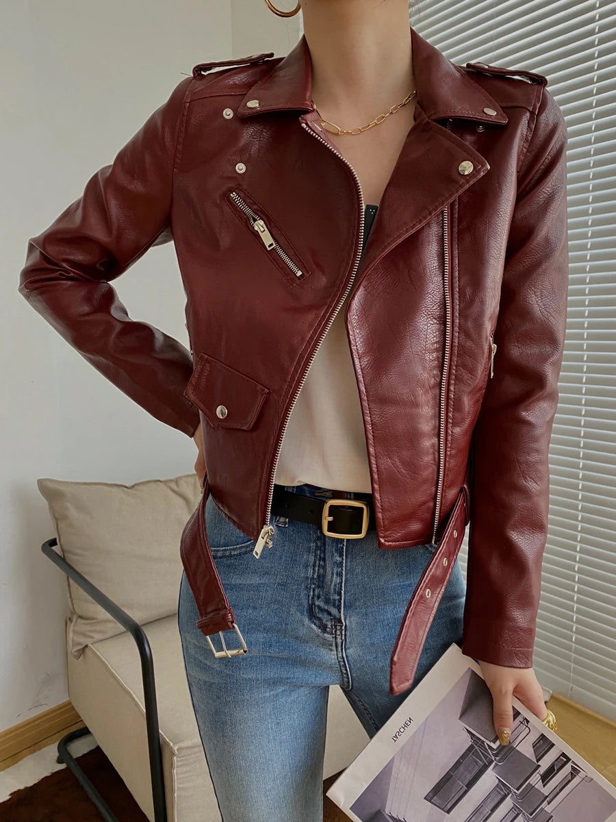 Women's PU Leather Motorcycle Jacket - Slim Fit, Turn-Down Collar