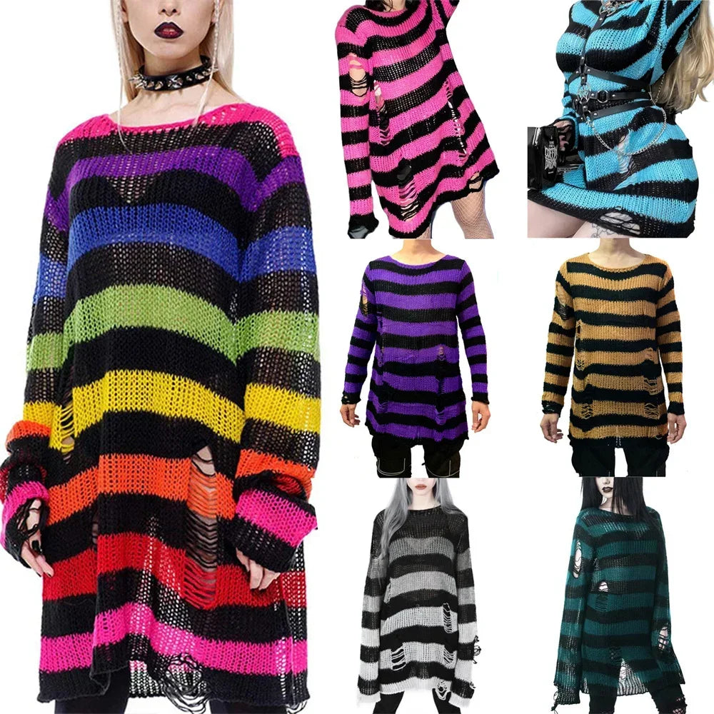 2024 Purple Striped Gothic Sweaters Women Ripped Holes Loose Knitted Pullover Frayed Fairy Grunge Jumpers Emo Streetwear Lolita SS69