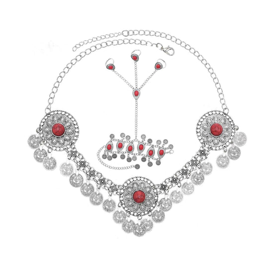 Traditional Kazakhstan Ethnic Coins Bracelet Hair Accessories  for Women Vintage Nepalese Tibetan Clothing Headwear Jewelry Set