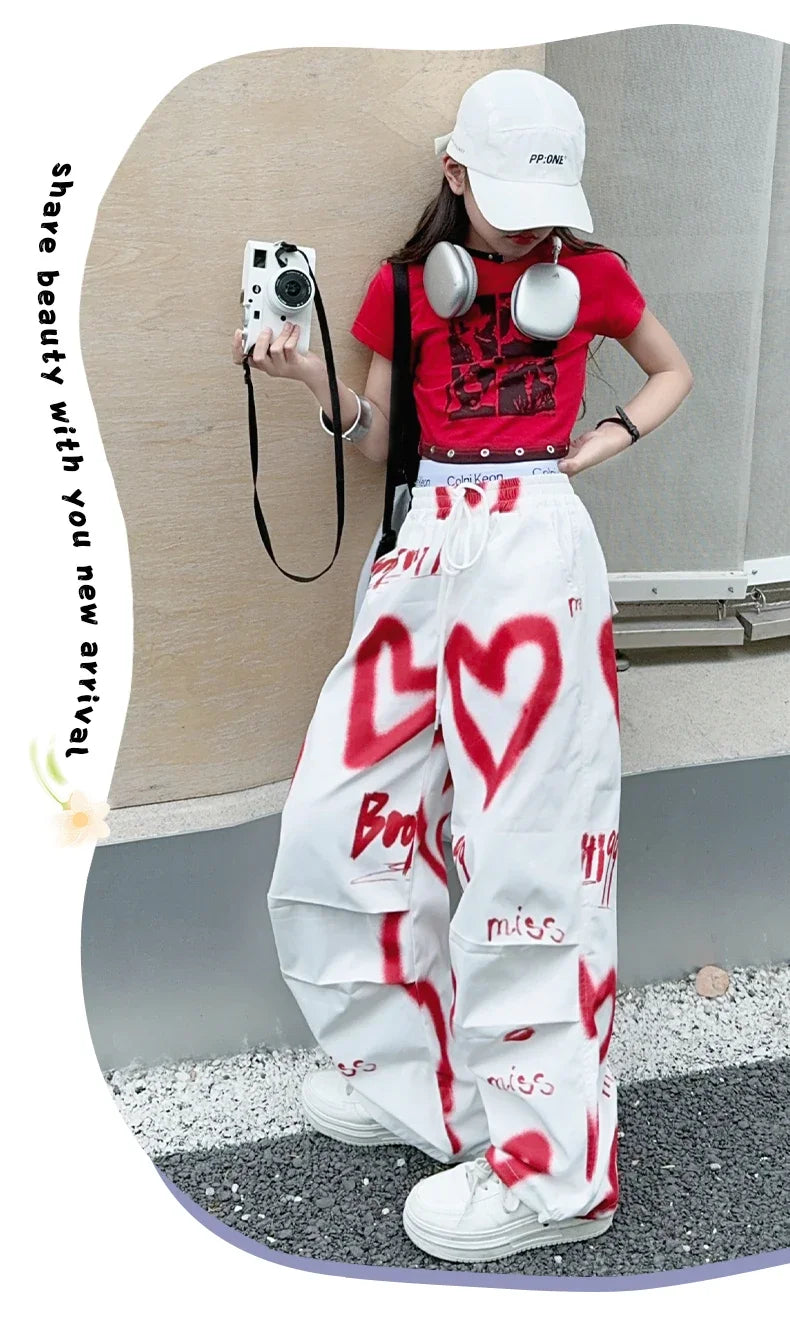 summer junior Girls Love Graffiti Casual Pants teenager girl Casual Hip Hop cargo pants kids Dance pants children clothes - SS69