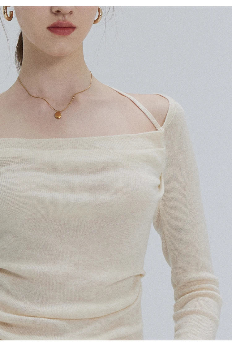 EGGKA Autumn One-shoulder Halter Neck Knitted Tops Women Slim Designer T-Shirts Slash Neck Long Sleeve Tops Korean Fashion Tees SS69