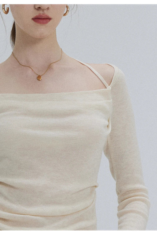 EGGKA Autumn One-shoulder Halter Neck Knitted Tops Women Slim Designer T-Shirts Slash Neck Long Sleeve Tops Korean Fashion Tees SS69