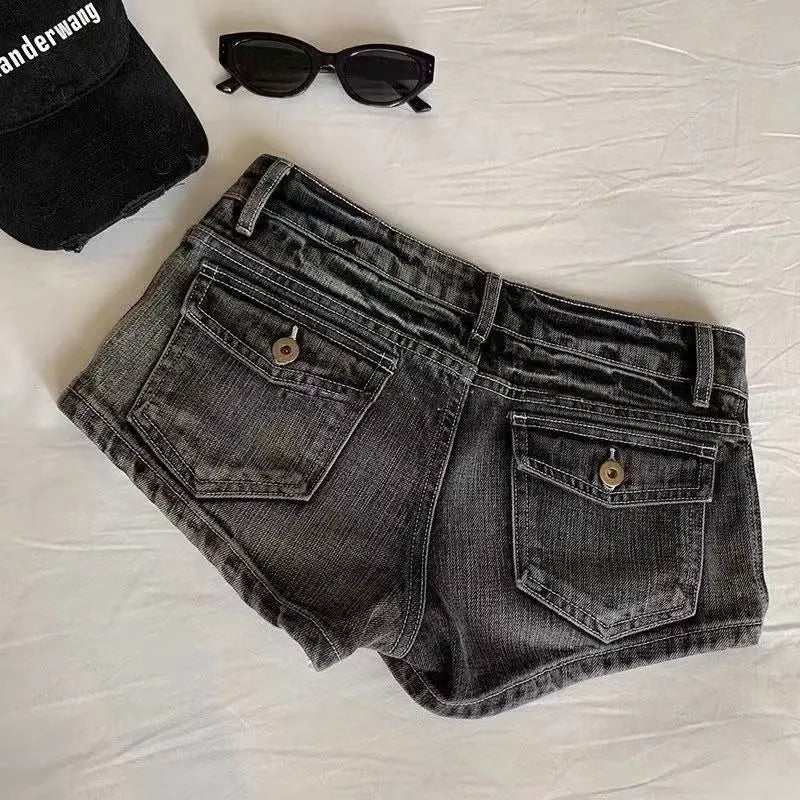 Vintage Denim Shorts Women Summer Black Grey Washed Low Waist Elastic Skinny Hot Shorts Jeans SS69