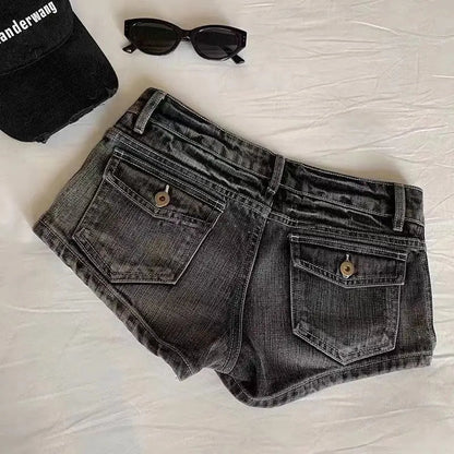 Vintage Denim Shorts Women Summer Black Grey Washed Low Waist Elastic Skinny Hot Shorts Jeans SS69