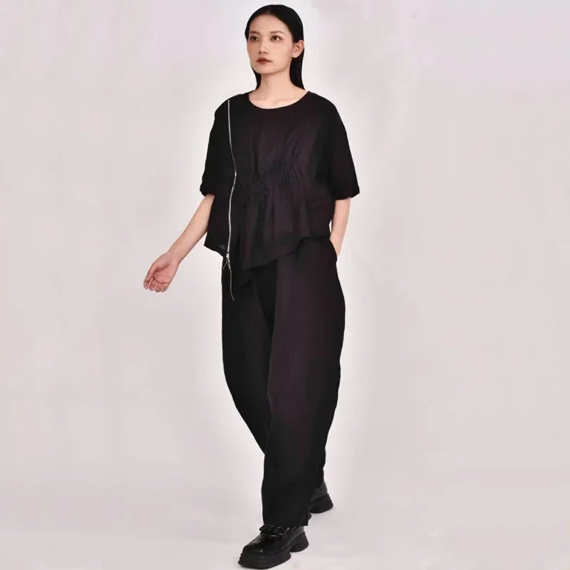 Summer New Loose Women's Artistic Linen Asymmetrical Shirt plus Size Harem Pants Comfortable Breathable Casual Wear SS69