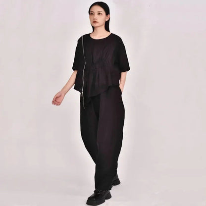 Summer New Loose Women's Artistic Linen Asymmetrical Shirt plus Size Harem Pants Comfortable Breathable Casual Wear SS69