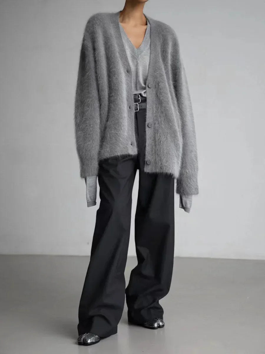 Women's V-Neck Cardigan Sweater Coat - Solid Knit, Single Breasted