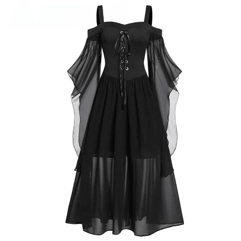 New Medieval Witch Dress for Women Halloween Carnival Women Plus Size Cold Shoulder Butterfly Sleeve Halloween Gothic Dress