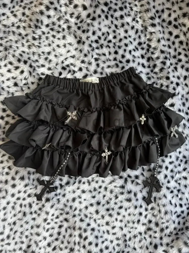 Summer Gothic Y2k Elastic Waist Cross Short Skirt Women High Street Chic Thin Hot Girl Skirts Female Aesthetic New Punk Outfits