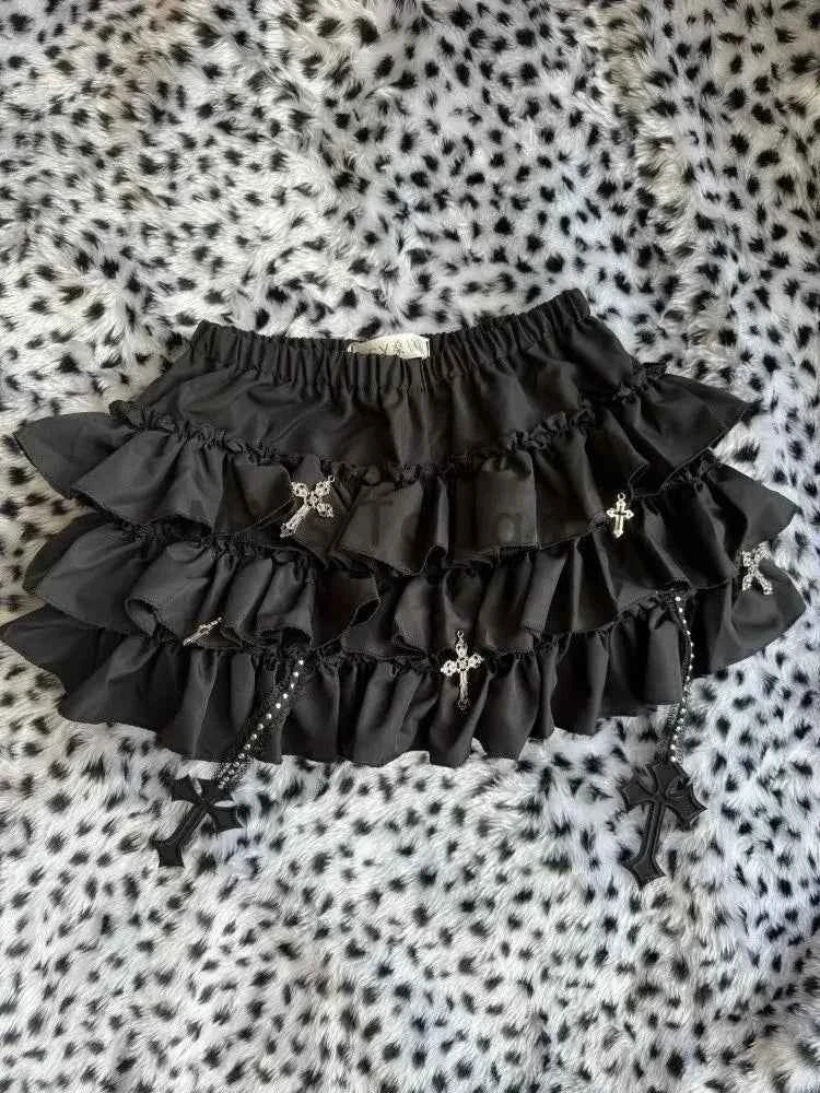 Summer Gothic Y2k Elastic Waist Cross Short Skirt Women High Street Chic Thin Hot Girl Skirts Female Aesthetic New Punk Outfits