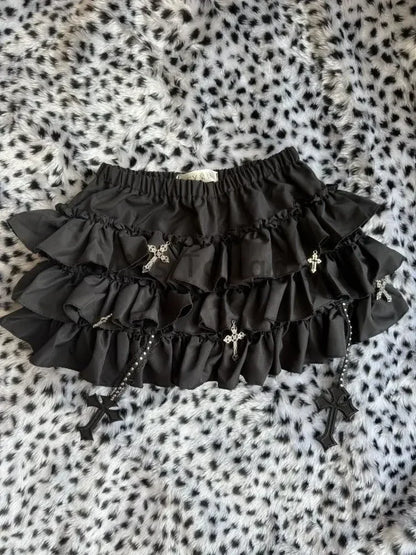 Summer Gothic Y2k Elastic Waist Cross Short Skirt Women High Street Chic Thin Hot Girl Skirts Female Aesthetic New Punk Outfits