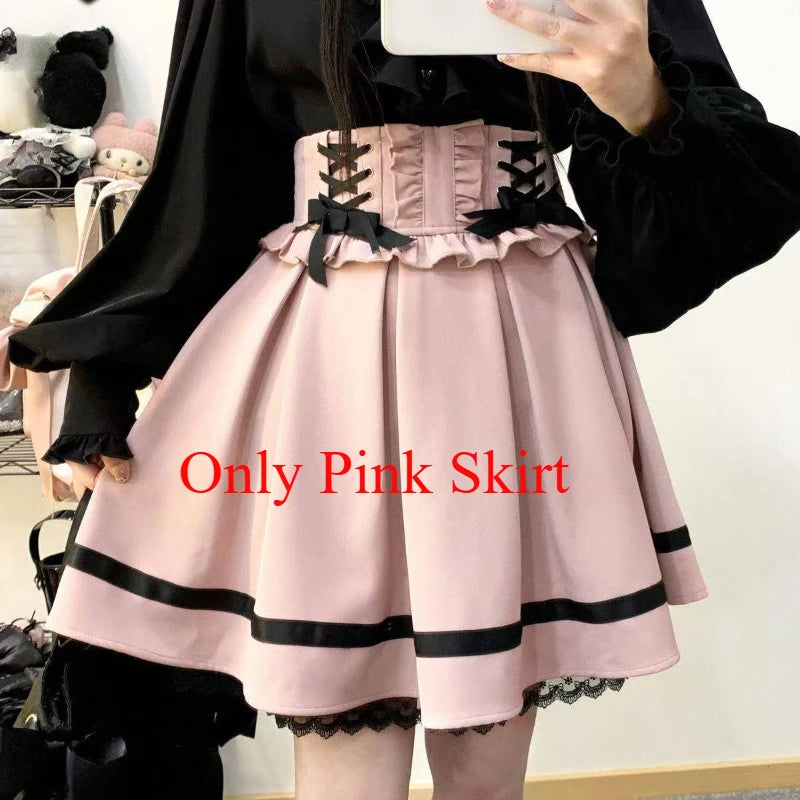 Japanese Kawaii Mini Cake Skirts Womens Jupe Fairy Bandage Lolita High Waist Y2k Aesthetic Sweet Lace Gothic JK Faldas Skirt SS69 20.69 444 pink skirt / XS
