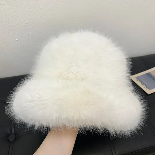 2025 Fluffy Faux Fur Bucket Hats Women Rabbit Fur Warm Thick Plush Winter Hat Lady Fashion Luxury Panama Furry Fisherman Cap Y2k