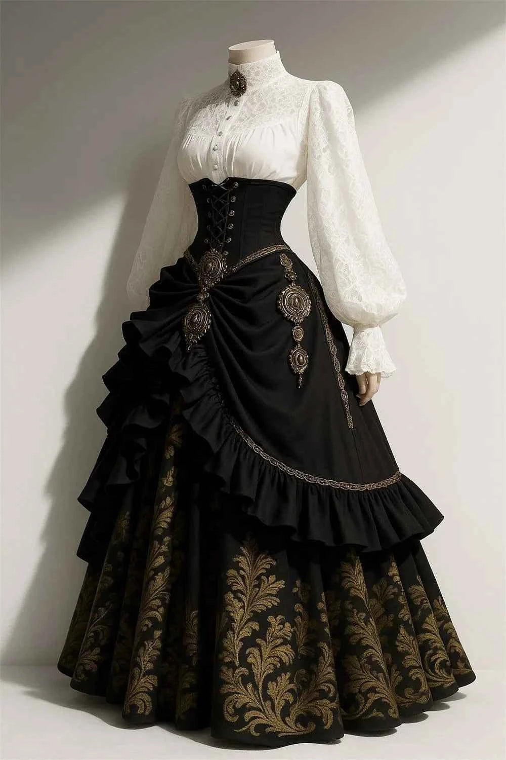 2 Pcs Set Vintage Renaissance Gothic High Waist Corset Lace-up Ruched French Victorian Steampunk Dress Long Skirt Evening Gown