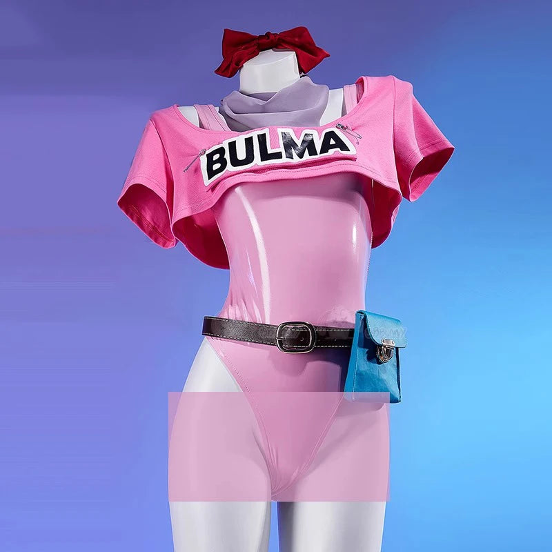 Anime Bulma Cosplay Costume Wig Women Short T-shirt Sexy Leather Bodysuit Headwear Scarf Belt Bag Set Halloween Carnival Clothes