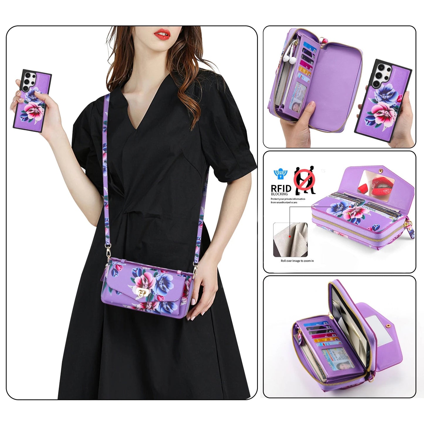 Phone Case Smartphone Android Cases Samsung Galaxy S25 Ultra Accessories Magsafe Wallet Luxury Lanyard Leather Zipper Flower Bag SS69