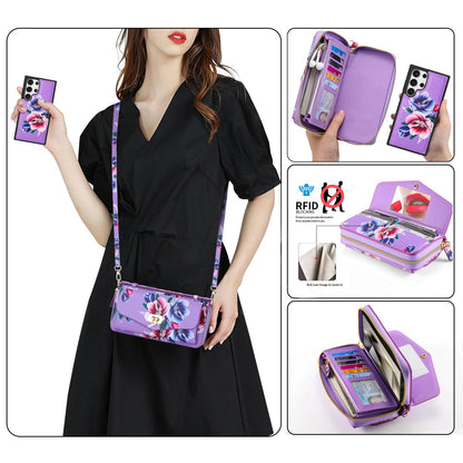 Phone Case Smartphone Android Cases Samsung Galaxy S25 Ultra Accessories Magsafe Wallet Luxury Lanyard Leather Zipper Flower Bag SS69