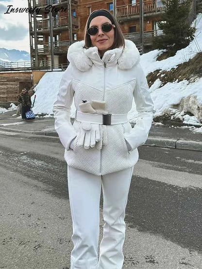 Fashion Solid Warm Ski Suit Women's Hood Fur Trim Full Sleeves Belt Coats High Waist Pants 2025 Winter Lady Windproof Tracksuit