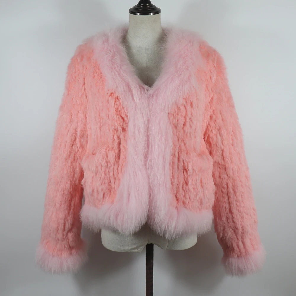 New Women Autumn Winter Knitted Real Rabbit Fur Coat 100% Natural Rabbit Fur Jacket With Fox Fur Collar Overcoat For Female