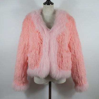 New Women Autumn Winter Knitted Real Rabbit Fur Coat 100% Natural Rabbit Fur Jacket With Fox Fur Collar Overcoat For Female