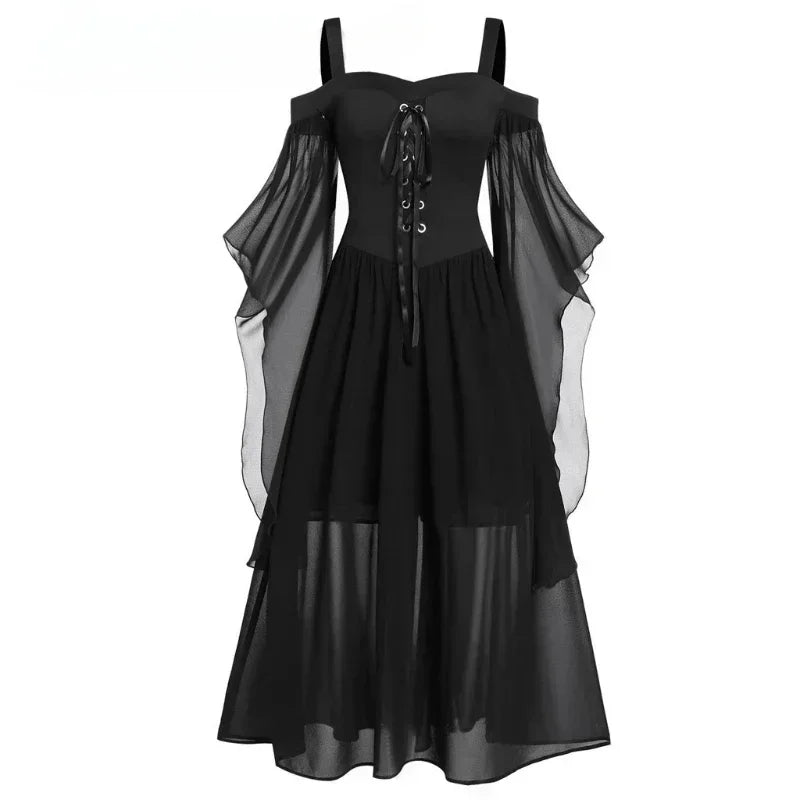 New Medieval Witch Dress for Women Halloween Carnival Women Plus Size Cold Shoulder Butterfly Sleeve Halloween Gothic Dress
