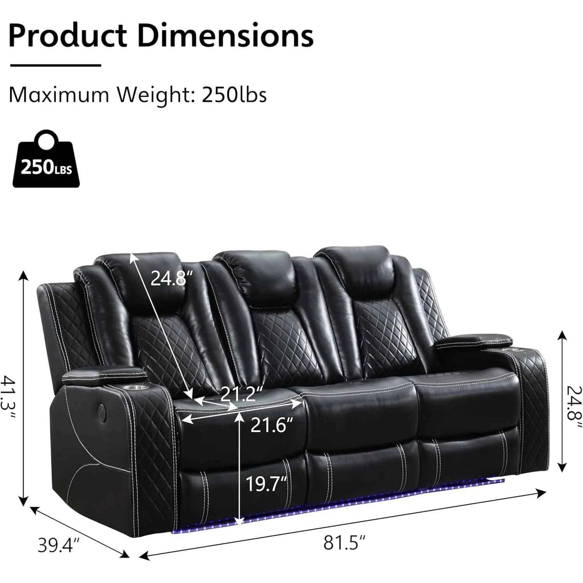 TODRANI Power Reclining Sofa 0 Gravity w/ Wireless Charger,LED Floor Lights,Reading Light, Drop-down Table USB/Type-C Port(070)